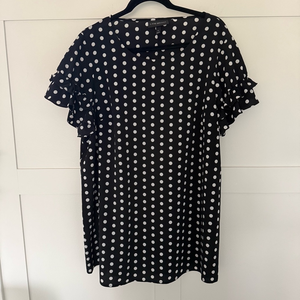 Lane Bryant Black & White Polka Dot Tunic Blouse with Ruffle Sleeves - 16 L